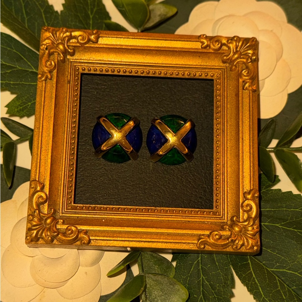 VTG Fabulous Blue and Green Marbled Enamel Goldtone Earrings - Picture 3 of 15